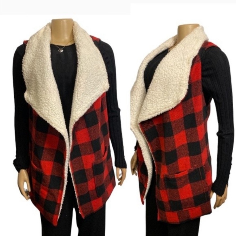 Me Jane Vest Jacket Buffalo Plaid Wool Blend Red Black Shearling trim size L